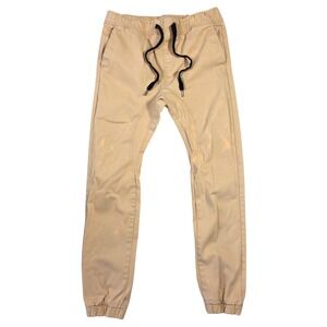 WT02 Mens Tan Khaki Jogger Pants Elastic Waist Drawstring S Streetwear Skater